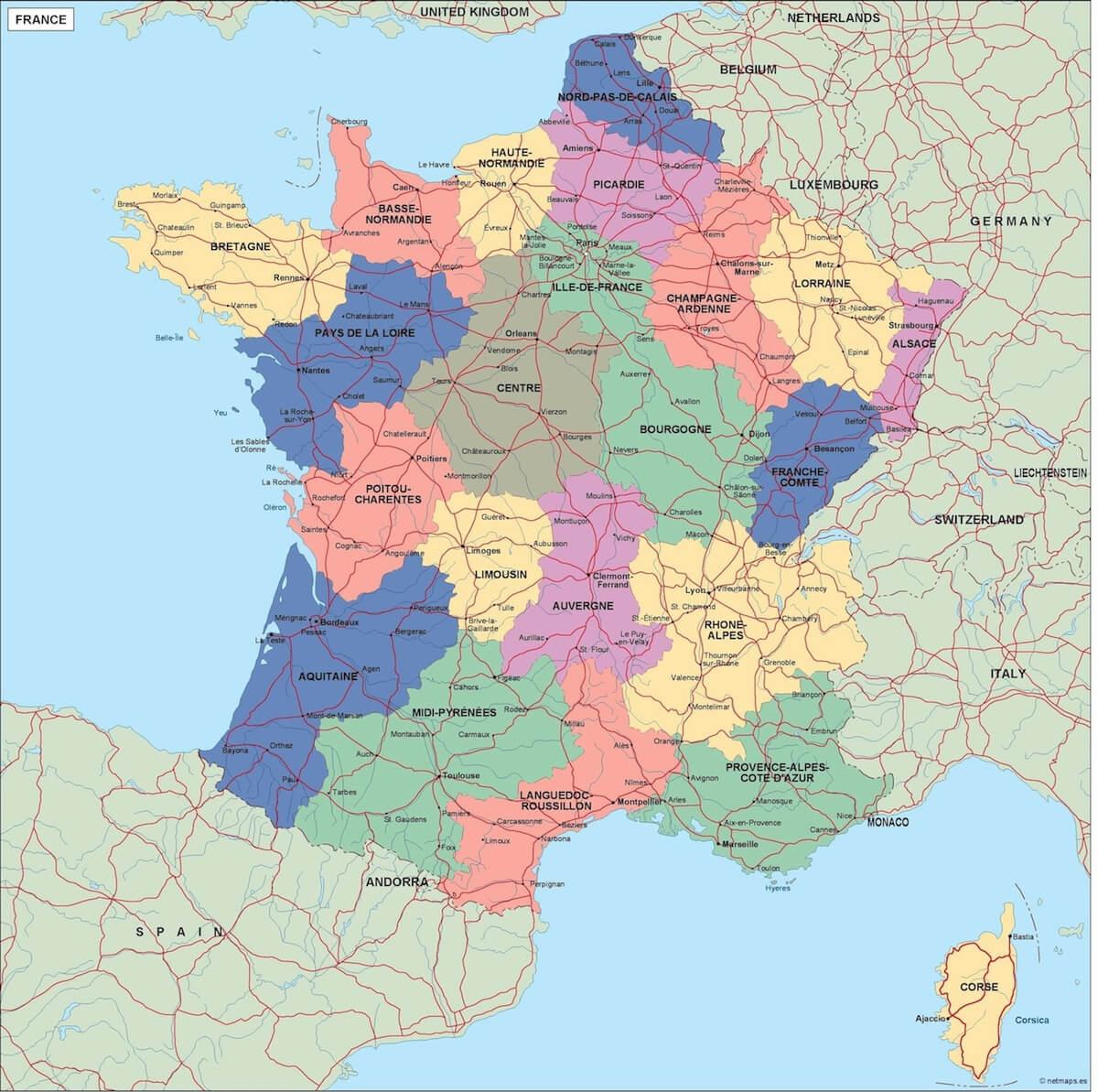 France political map with regions, boundaries, and neighboring countries