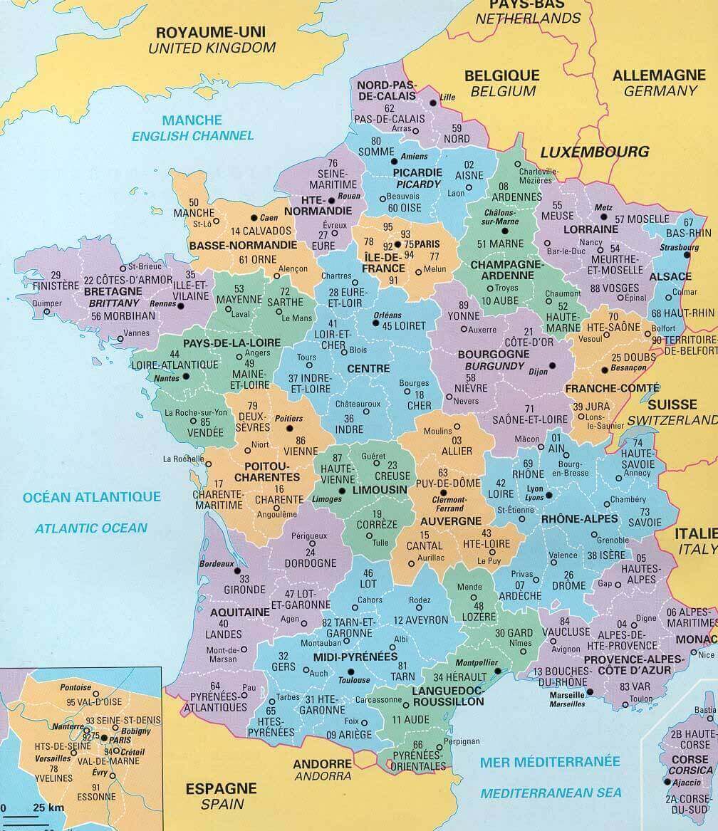 France Provinces Map with administrative divisions and neighboring countries