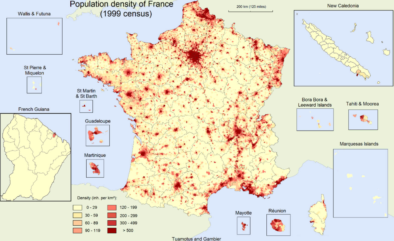 France Population Density Map (1999 Census)