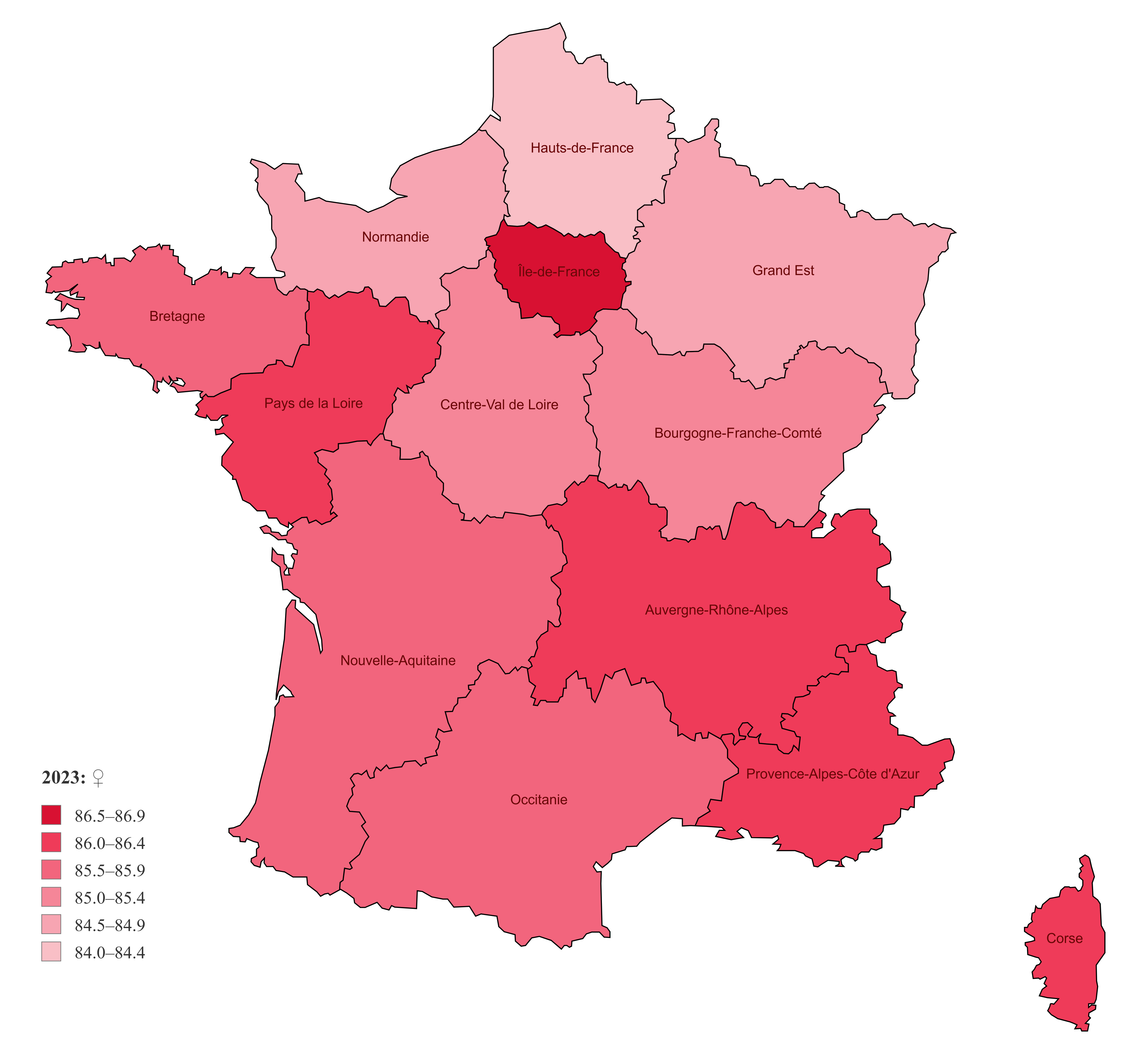 Female Life Expectancy in France by Region (2023)