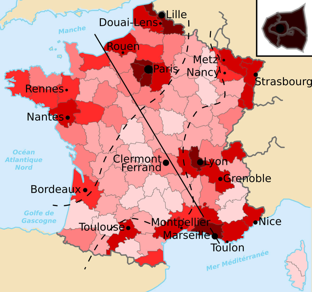 France population map with major cities