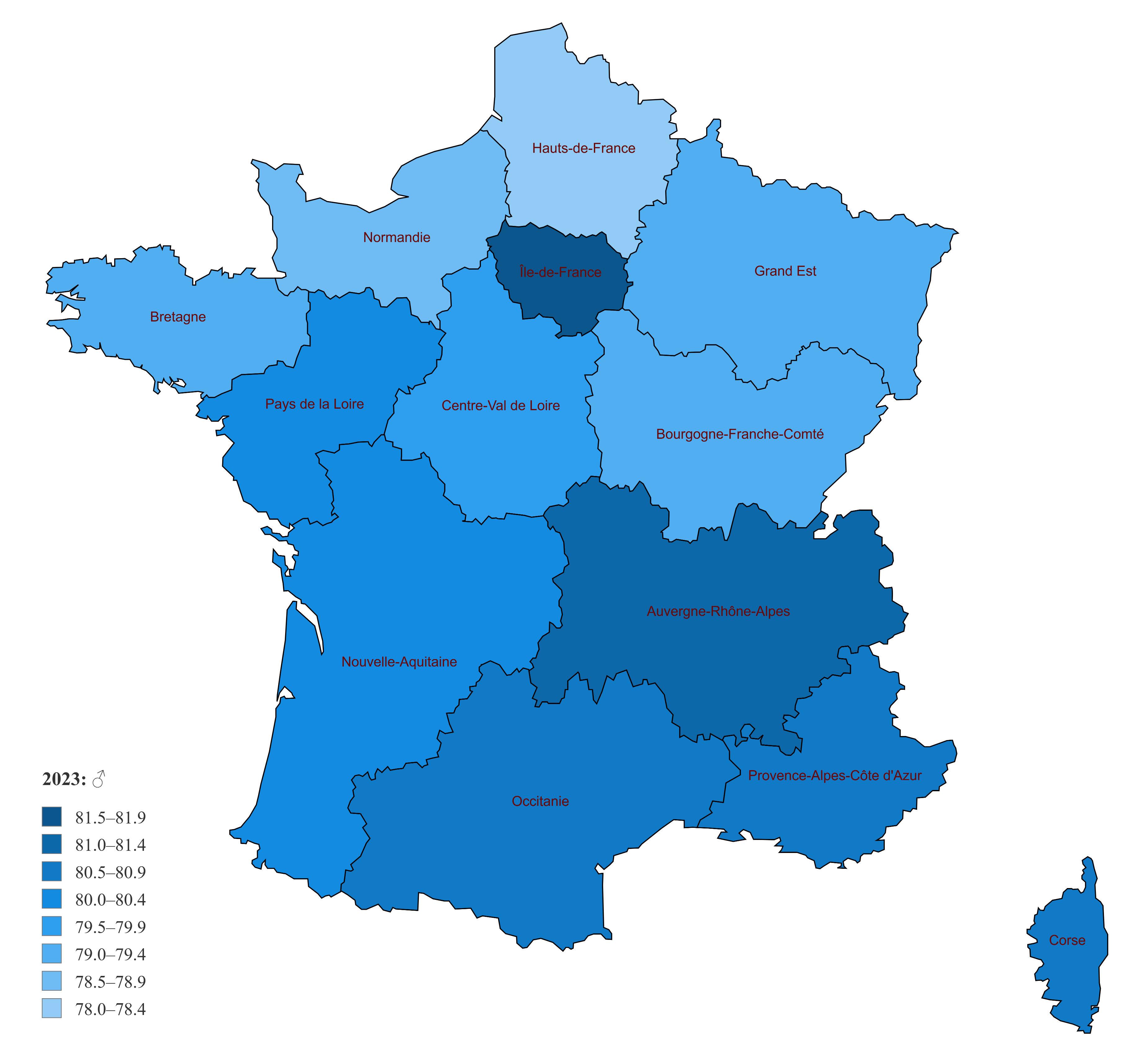 Male Life Expectancy in France by Region (2023)