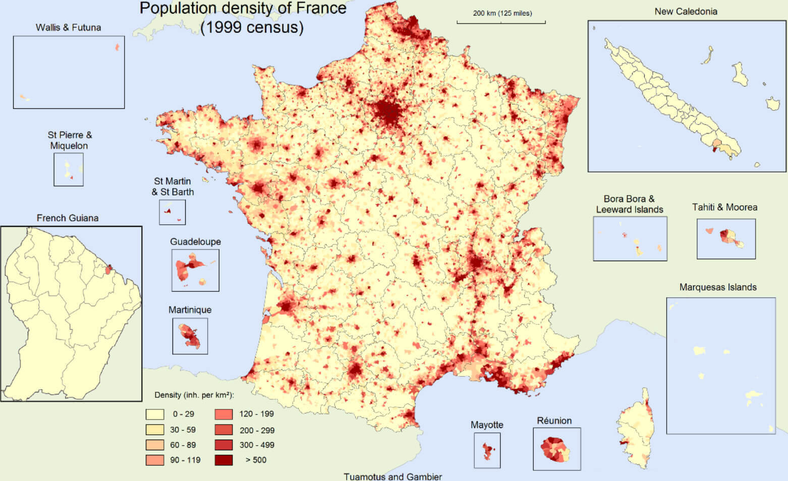 Population density map of France in 1999