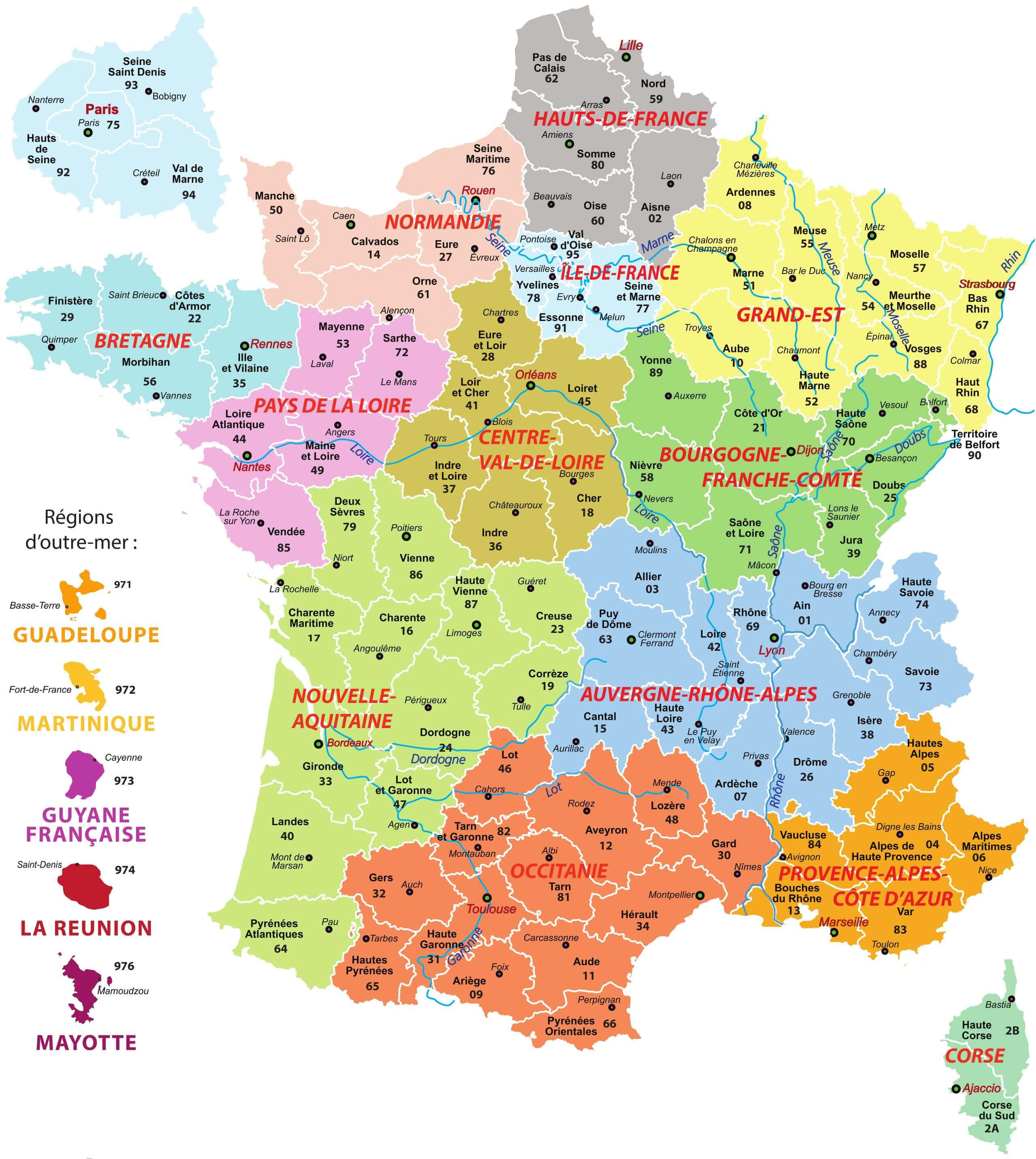 Detailed Map of France with Regions and Rivers