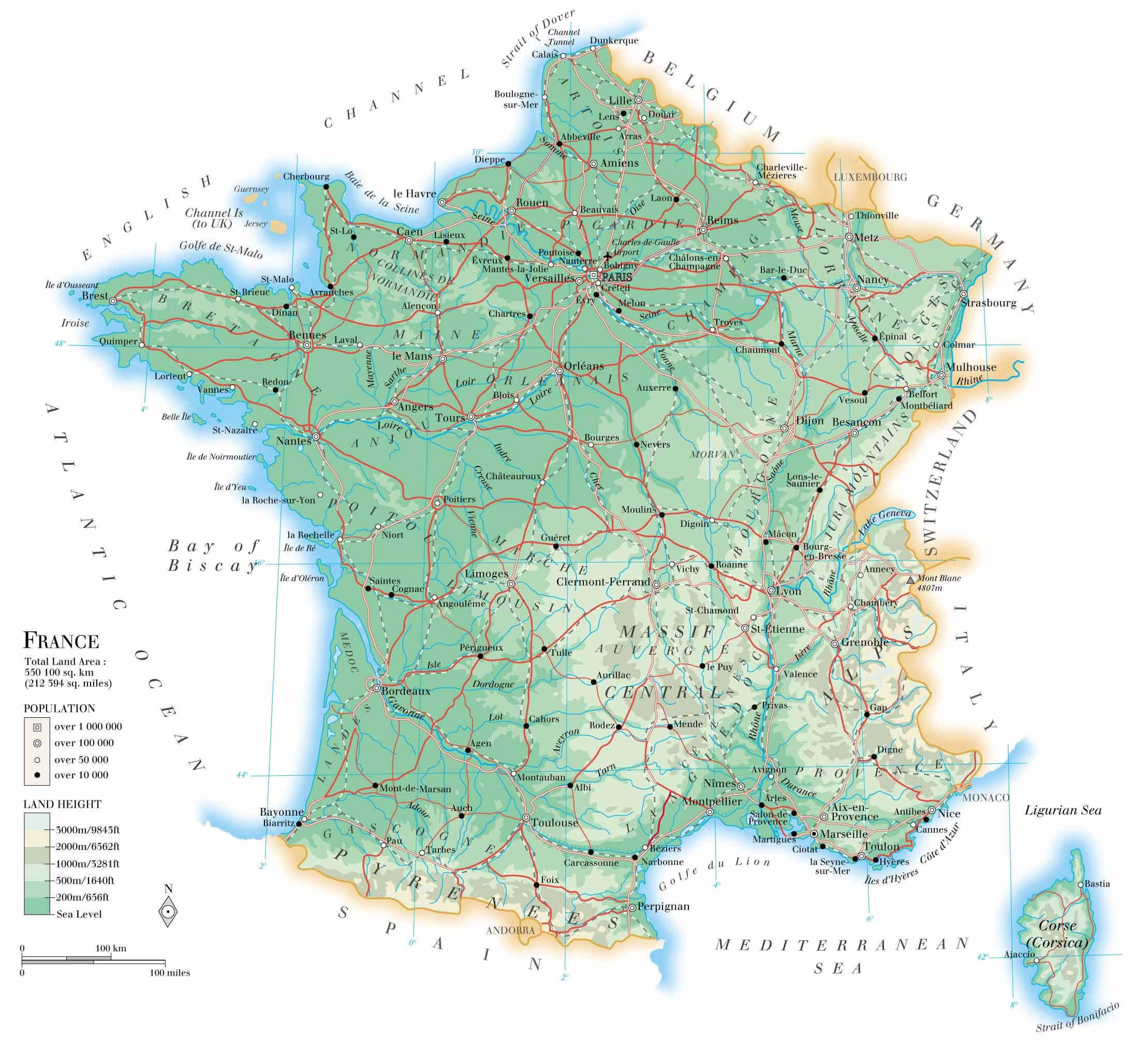 Detailed physical road map of France