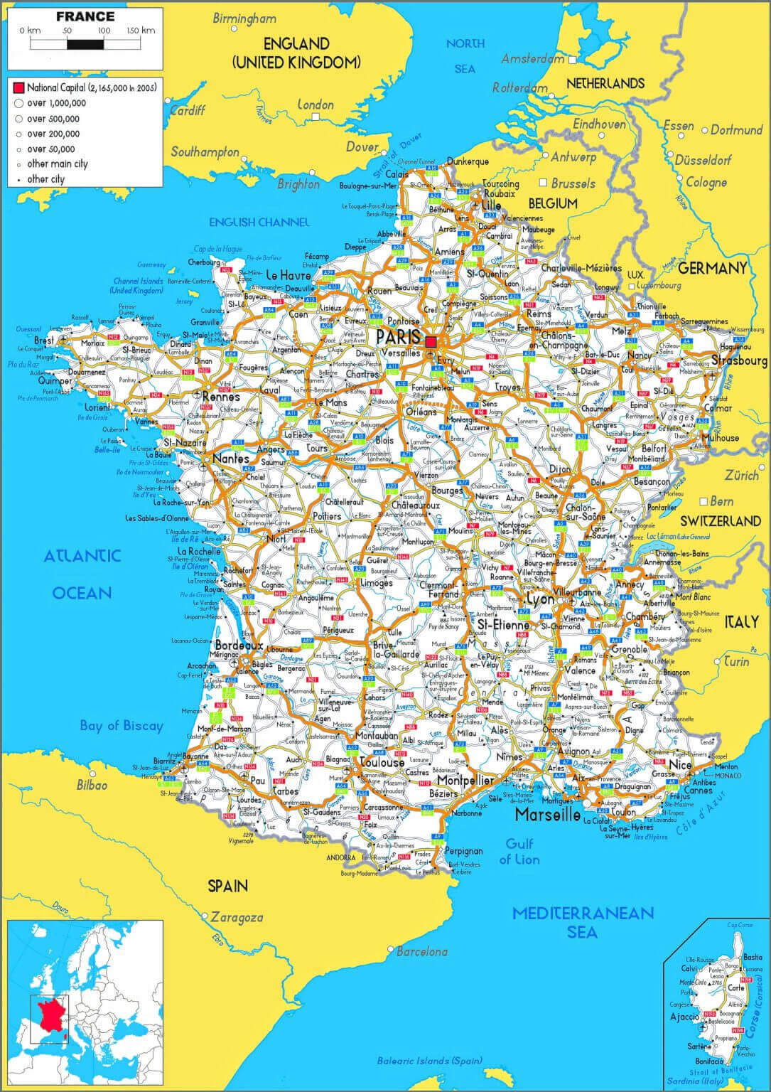 Detailed Highways Map of France with Cities