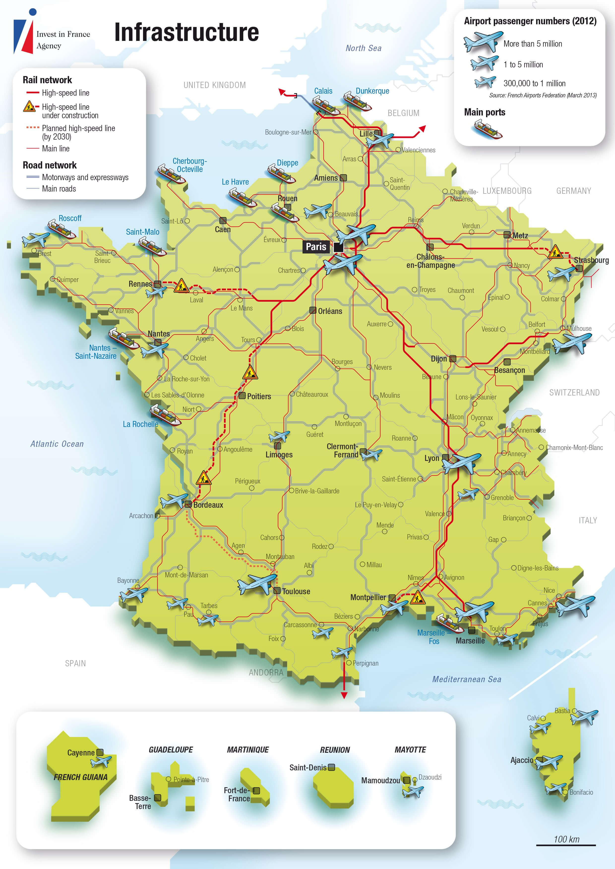 France Rail Network and Main Roads Map