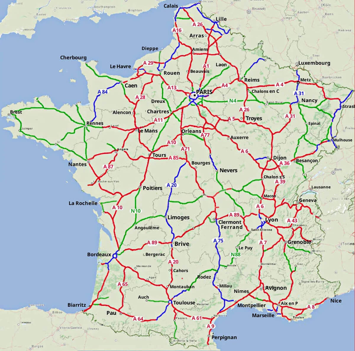 Detailed road map of France with highways, routes, and major cities