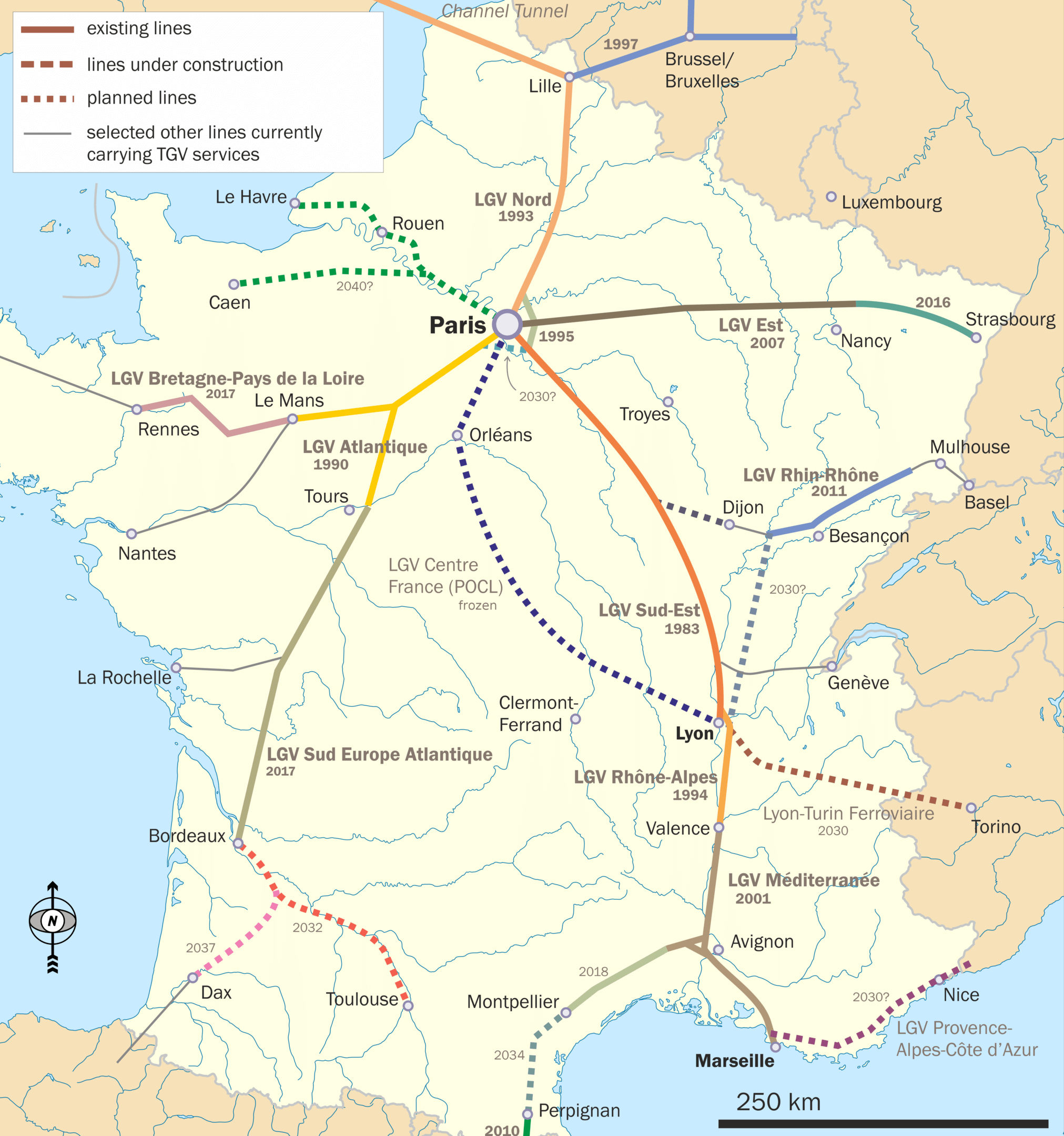 High-Speed Rail Map of France (TGV)