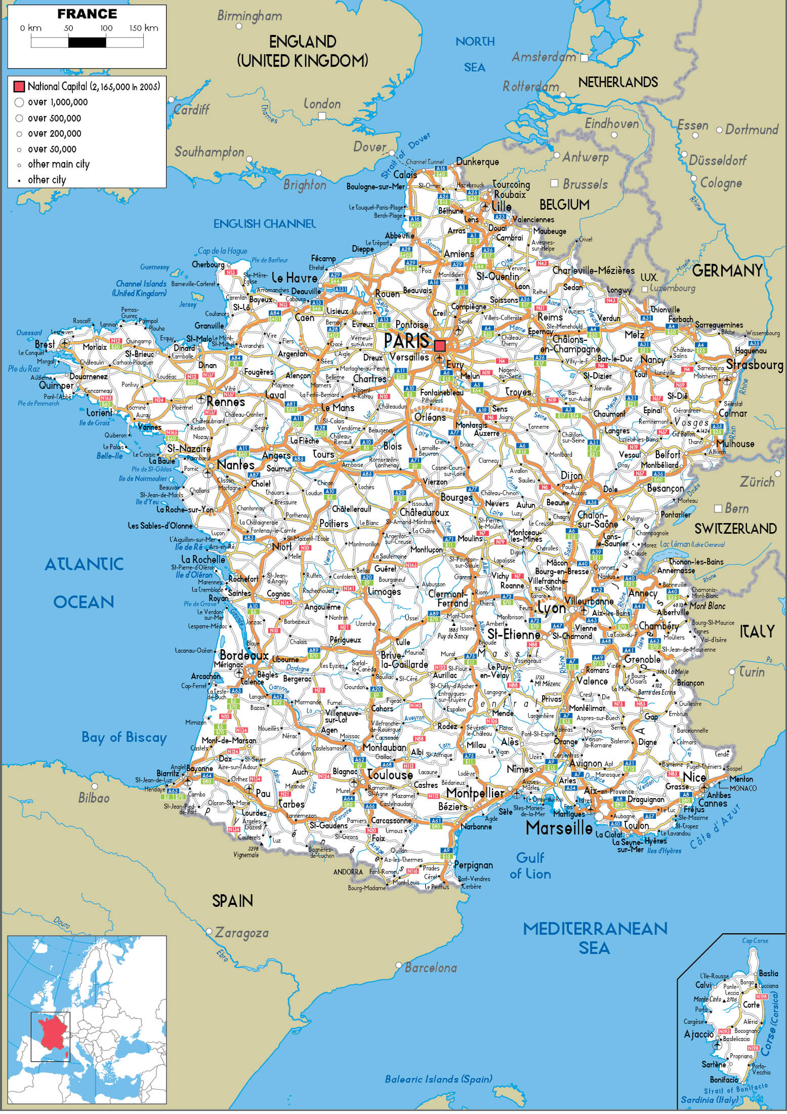 Road map of France with cities and towns