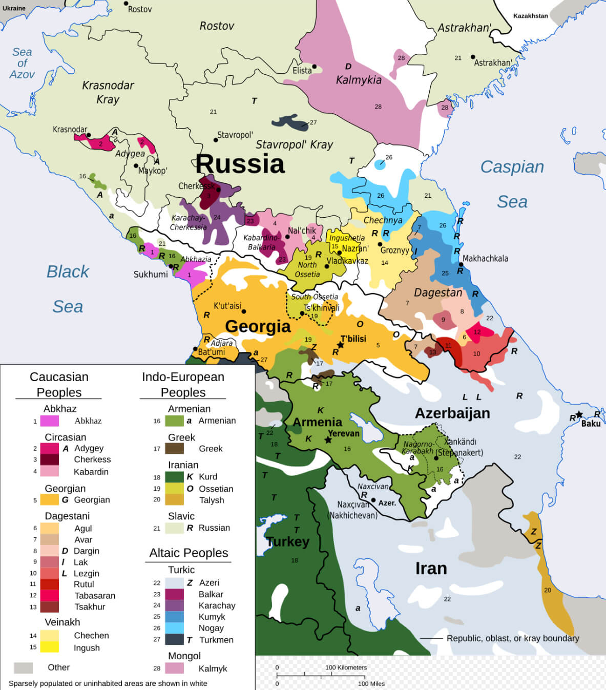 Ethno linguistic map in the Caucasus region