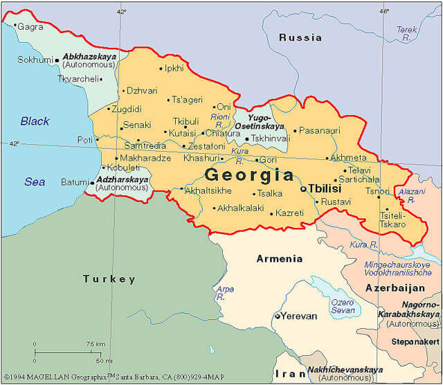 Map of Georgia’s regions, cities, and bordering countries.