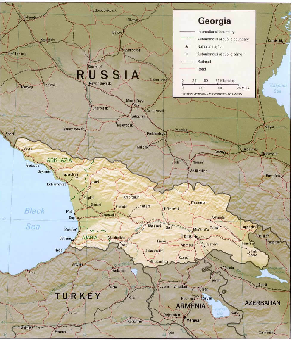 Map of Georgia with major cities, borders, and geographic features.