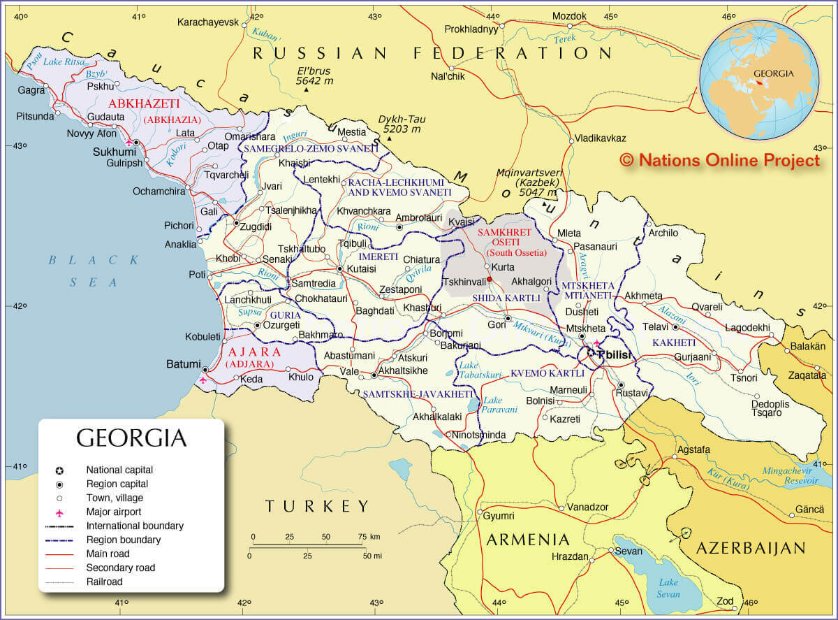 Map of Georgia showing regions, cities, borders, and major roads.