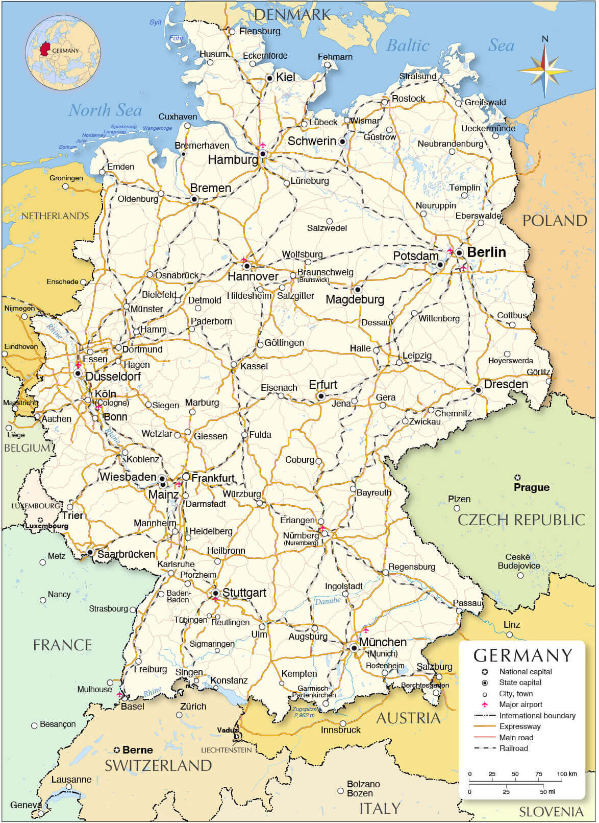 Map of Germany 23 Germany political map with cities and roads