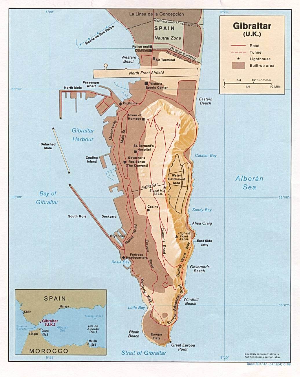 Detailed map of Gibraltar showing landmarks, roads, and key features.