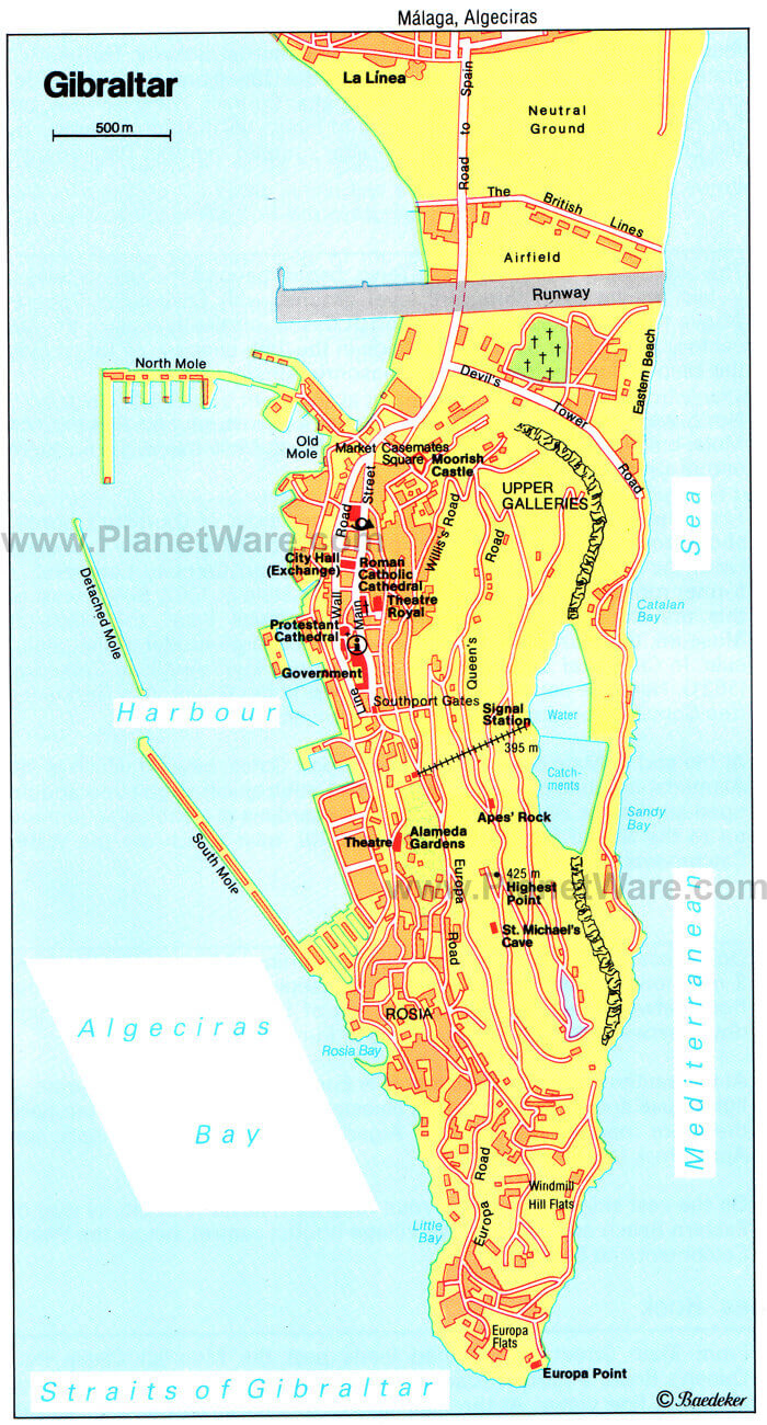 Tourist map of Gibraltar with landmarks and major roads.