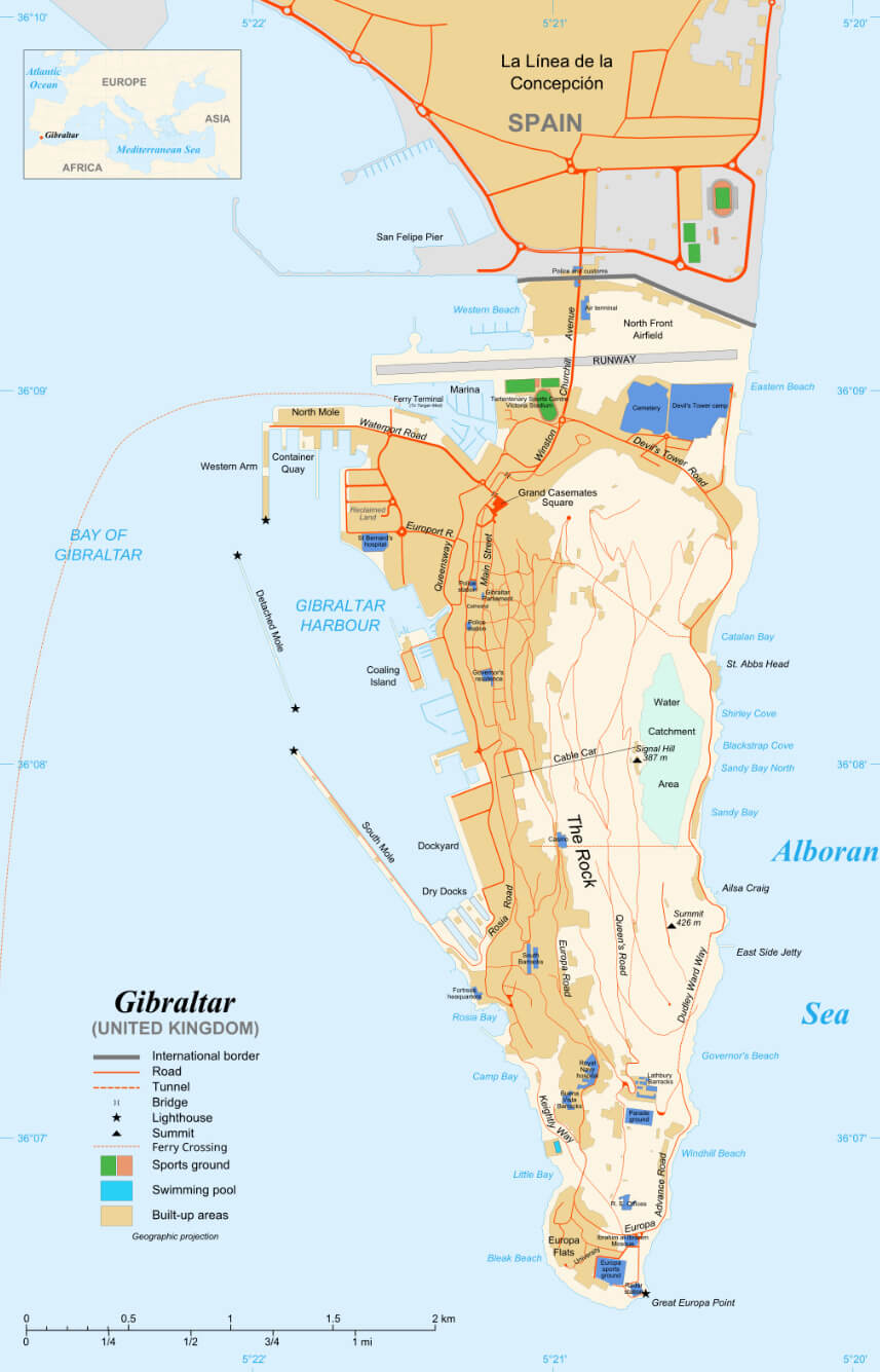 Map of Gibraltar showing borders, landmarks, and infrastructure.