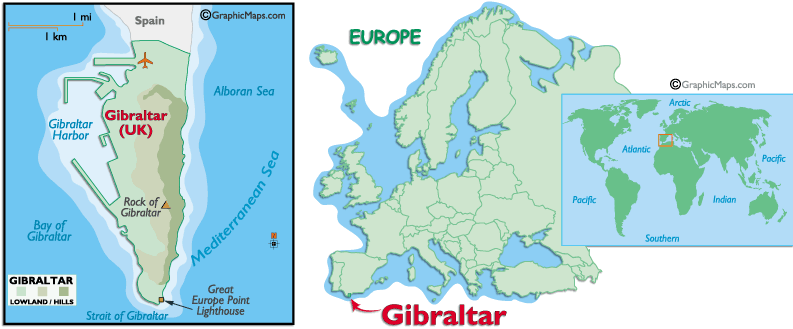 Map of Gibraltar’s local landmarks and its location in Europe.