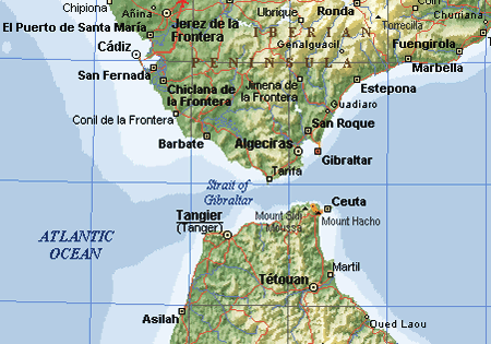 Map showing the Strait of Gibraltar, with nearby cities in Spain and Morocco.