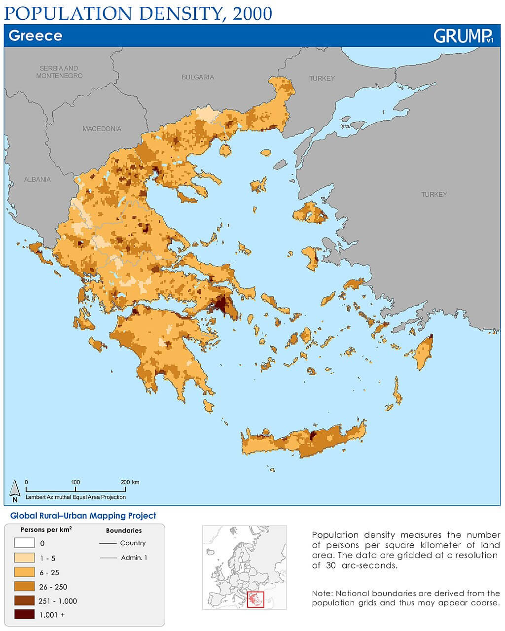 Greece Population Density Map in 2000