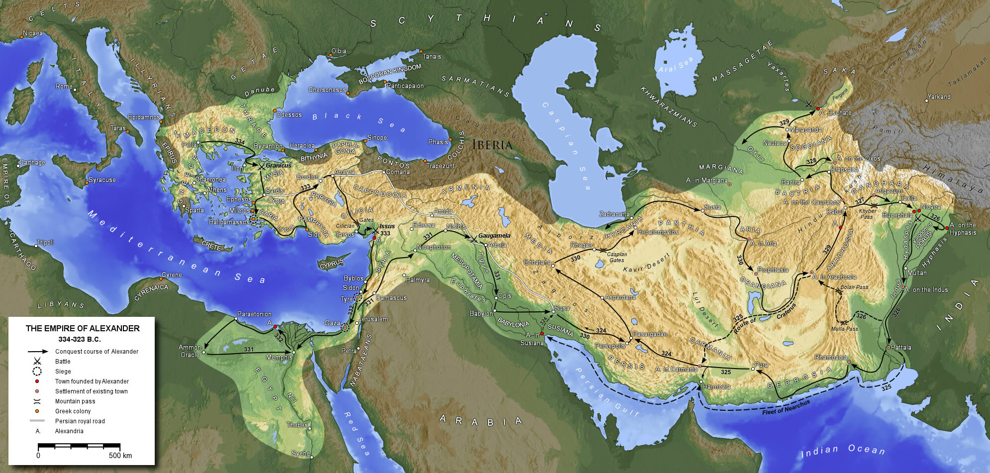 The Empire of Alexander Map between 334 and 323 BC