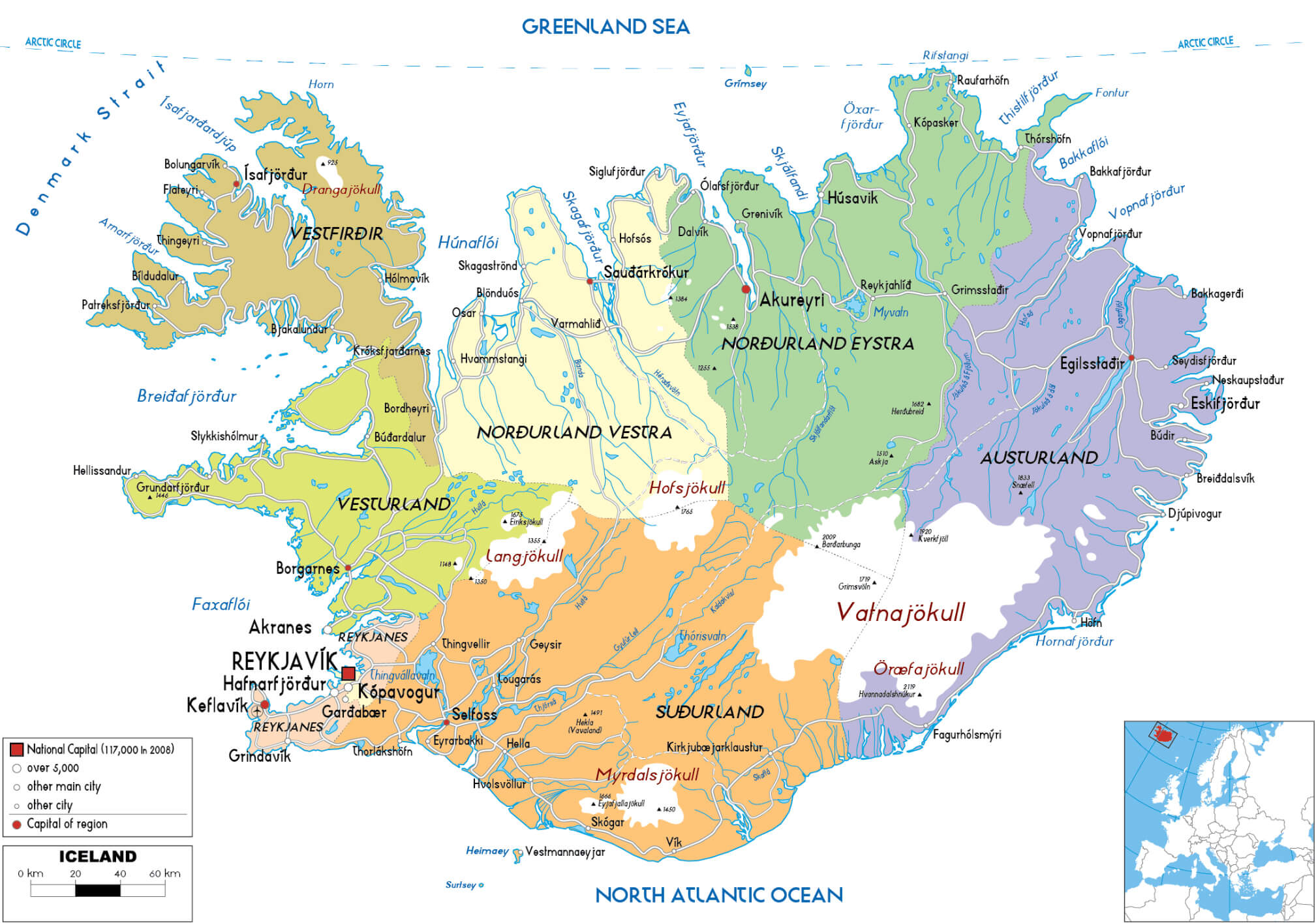 Iceland National Map with Regions Cities