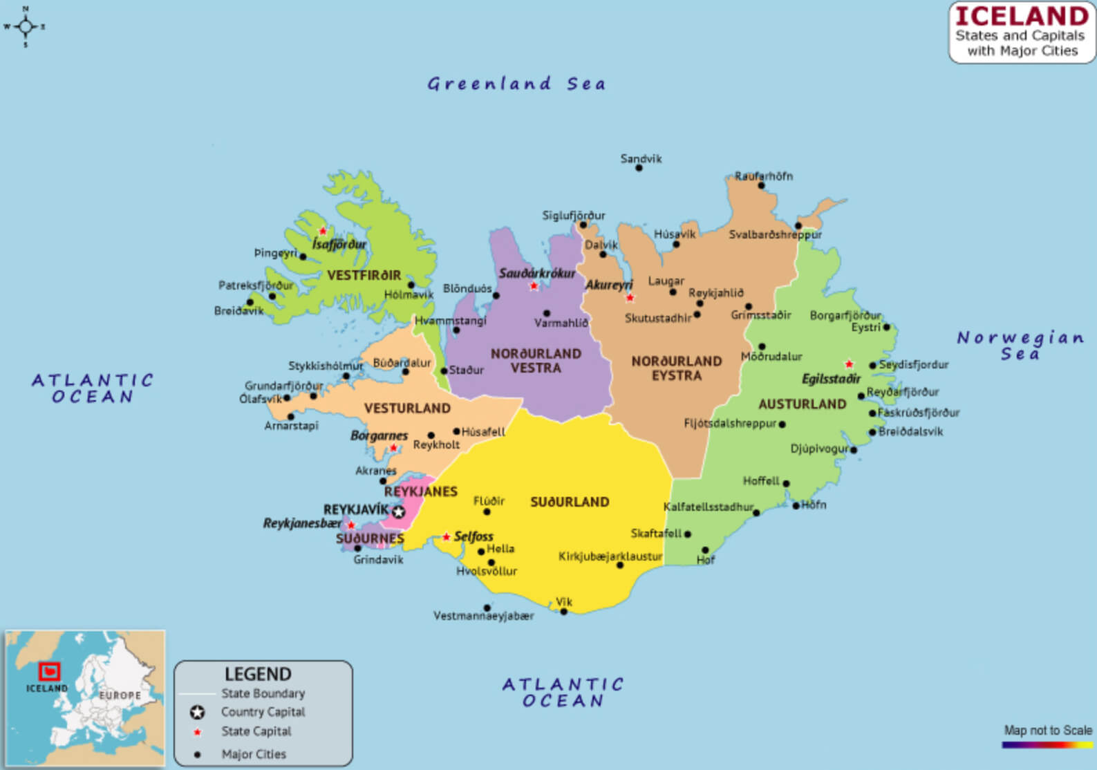 Iceland Provinces Map with Cities