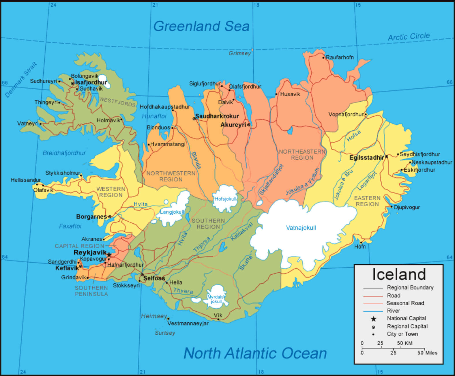 Iceland Regional Boundary Map with Roads