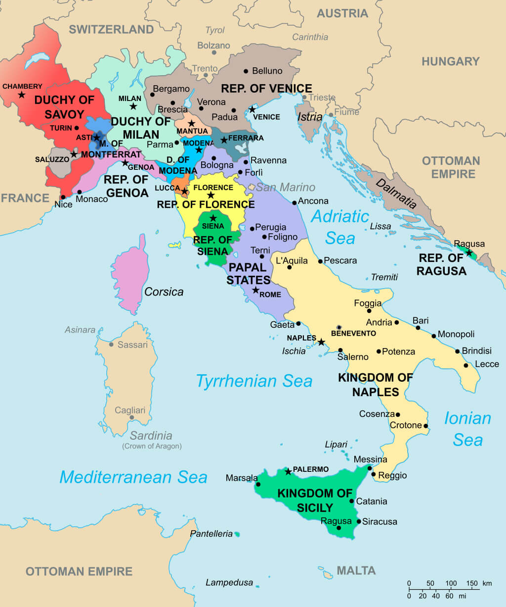 Italian states map in 1494, with divisions like the Papal States, Republic of Venice, and Kingdom of Naples.