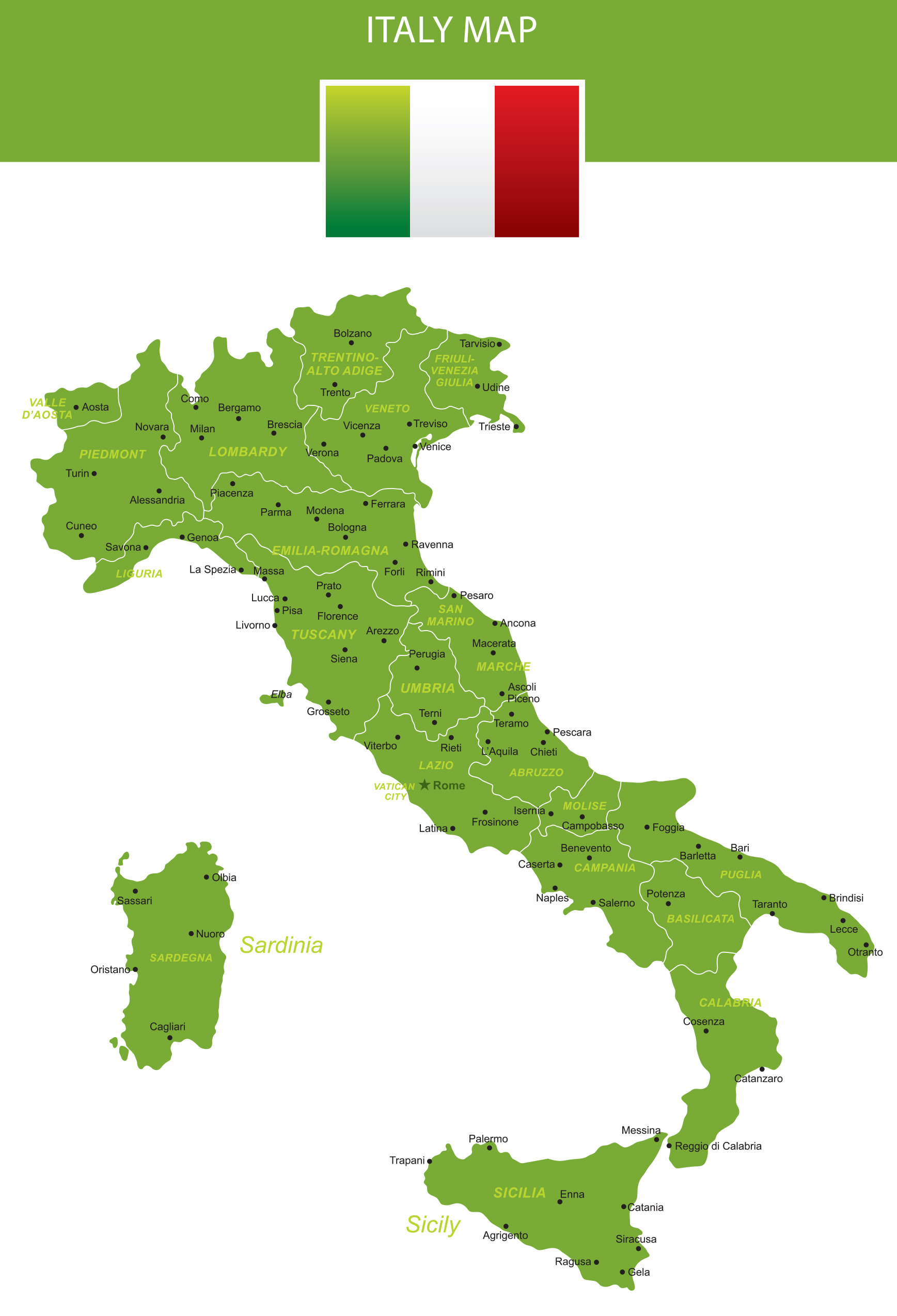 Italy Map Highlighting Major Cities and Regions