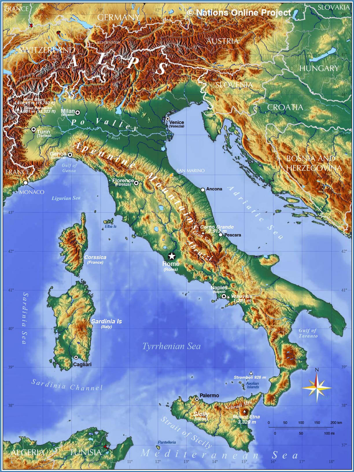 Italy Topography and Geographical Features Map