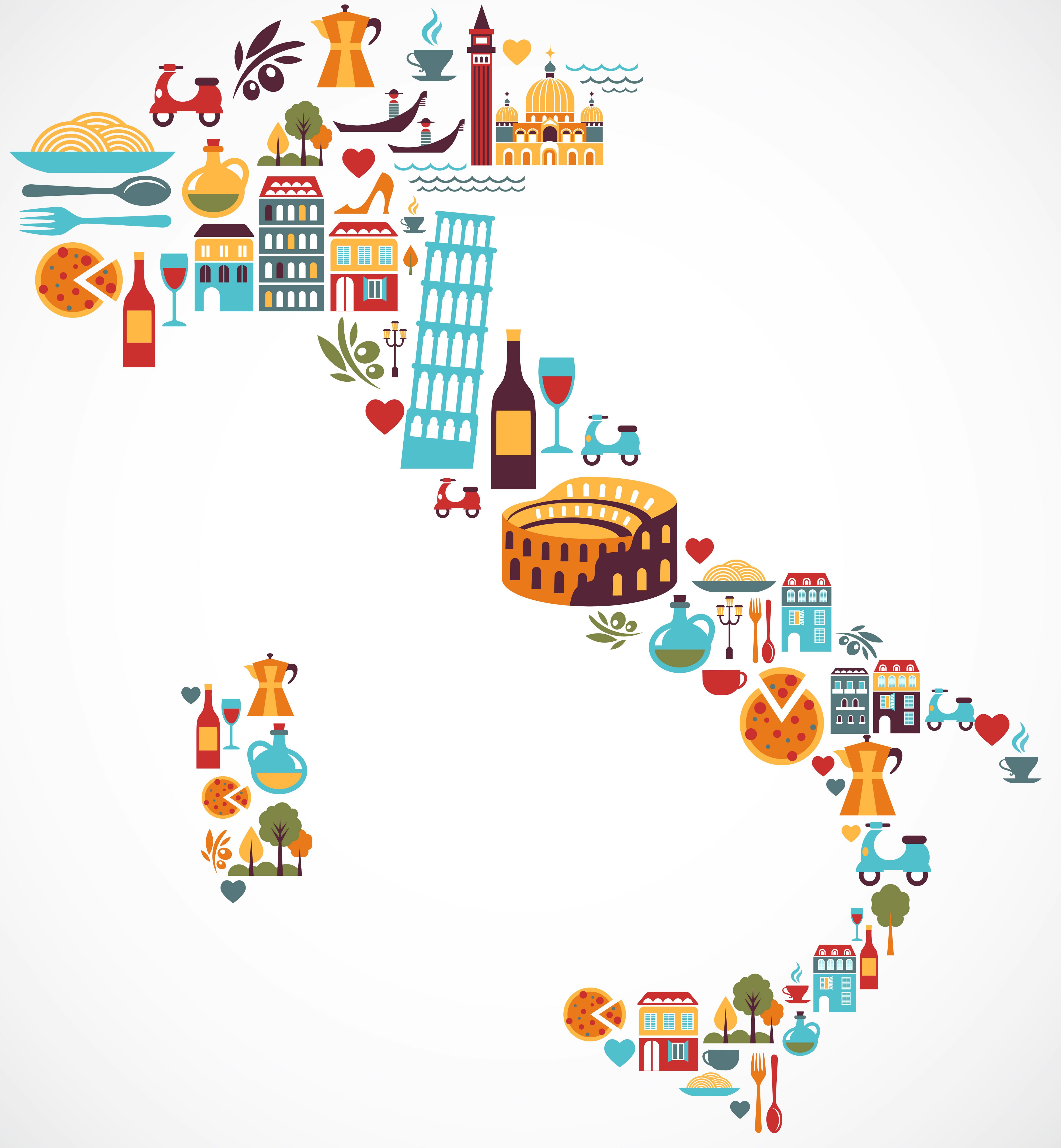 Italy Tourism Map Featuring Iconic Landmarks and Cultural Symbols