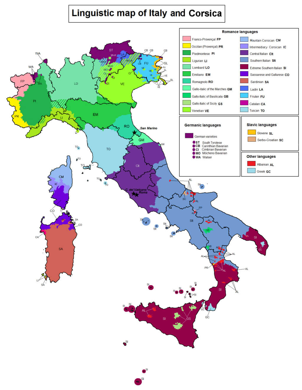 Linguistic Map of Italy and Corsica