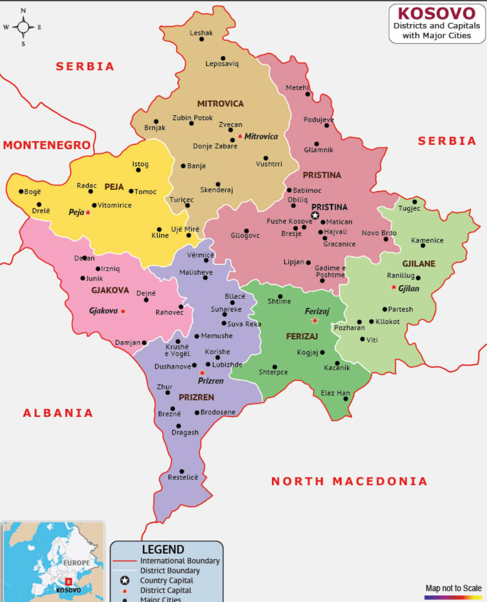 Kosovo Major Cities Map with Regions