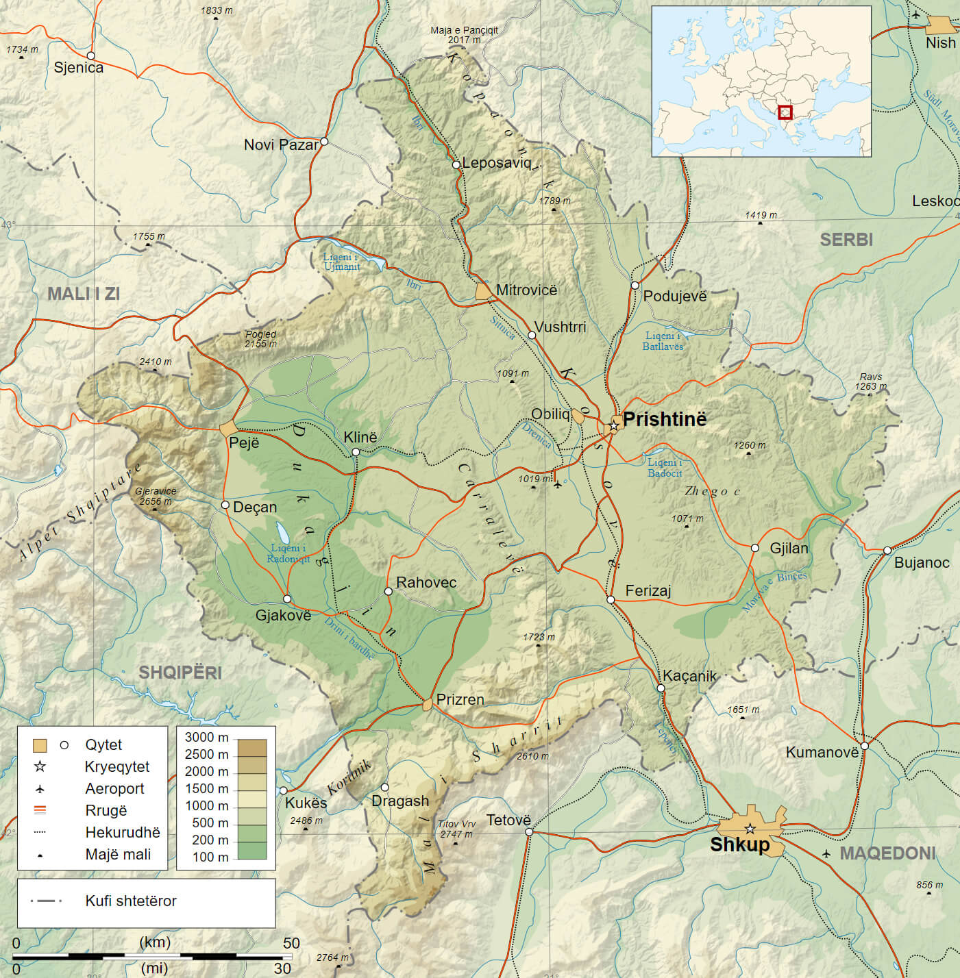 Kosovo Physical Map with Highways