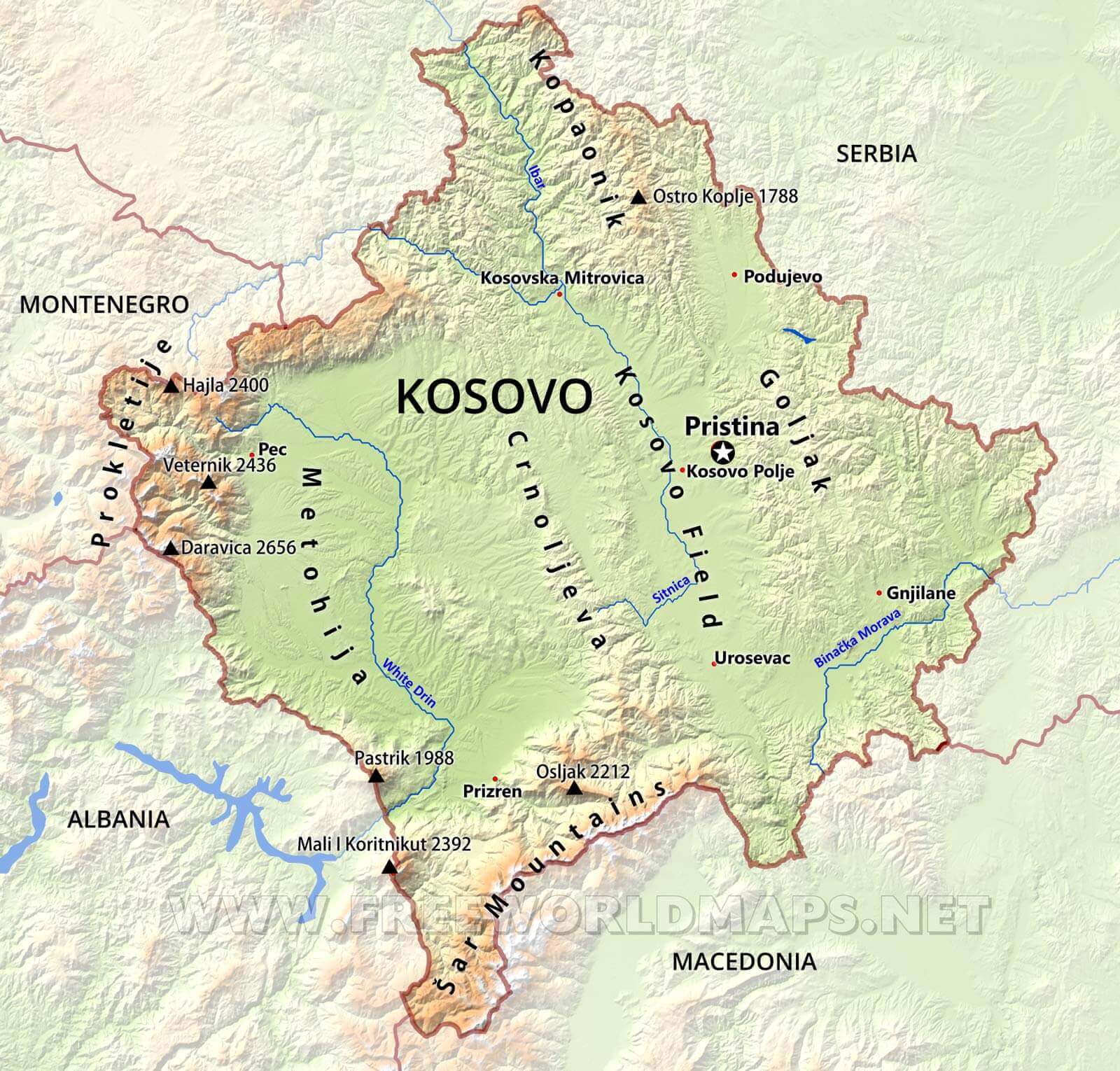 Kosovo Physical Map with Rivers