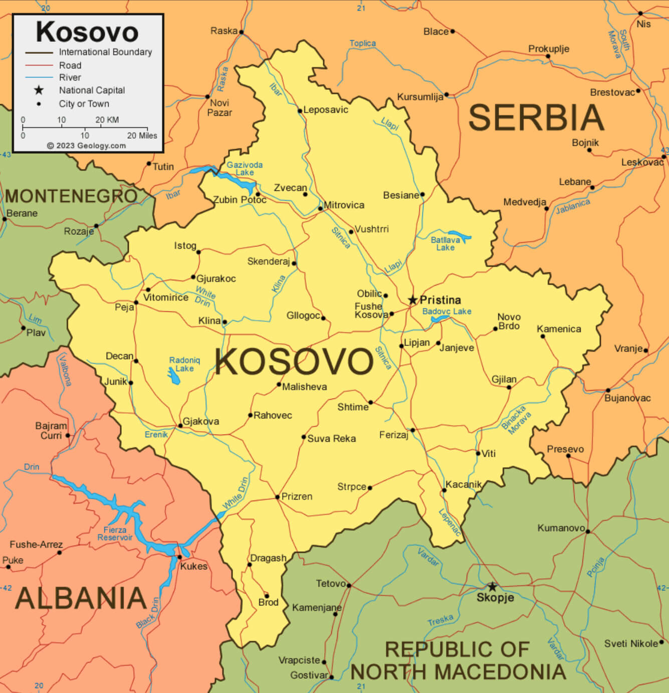 Kosovo Roads and Rivers Map