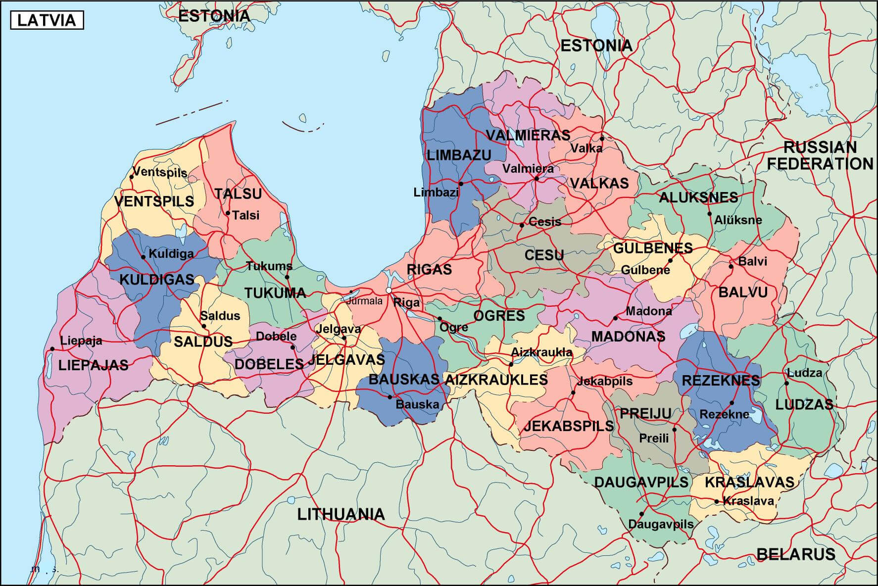 Latvia Provinces Map with Cities