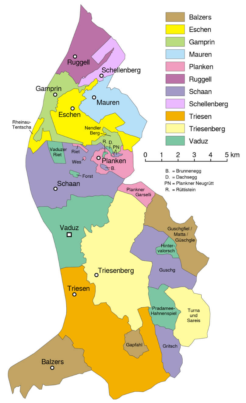 Map of Liechtenstein with its administrative divisions, regions, and municipalities