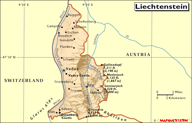 Liechtenstein relief map showing elevation and major landmarks