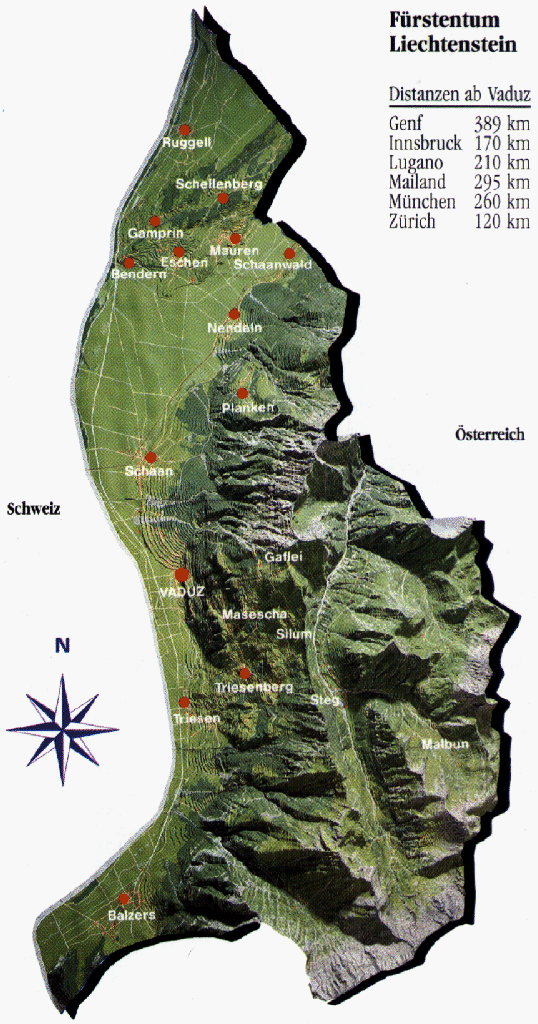 Liechtenstein tourist map showing towns and distances to major cities