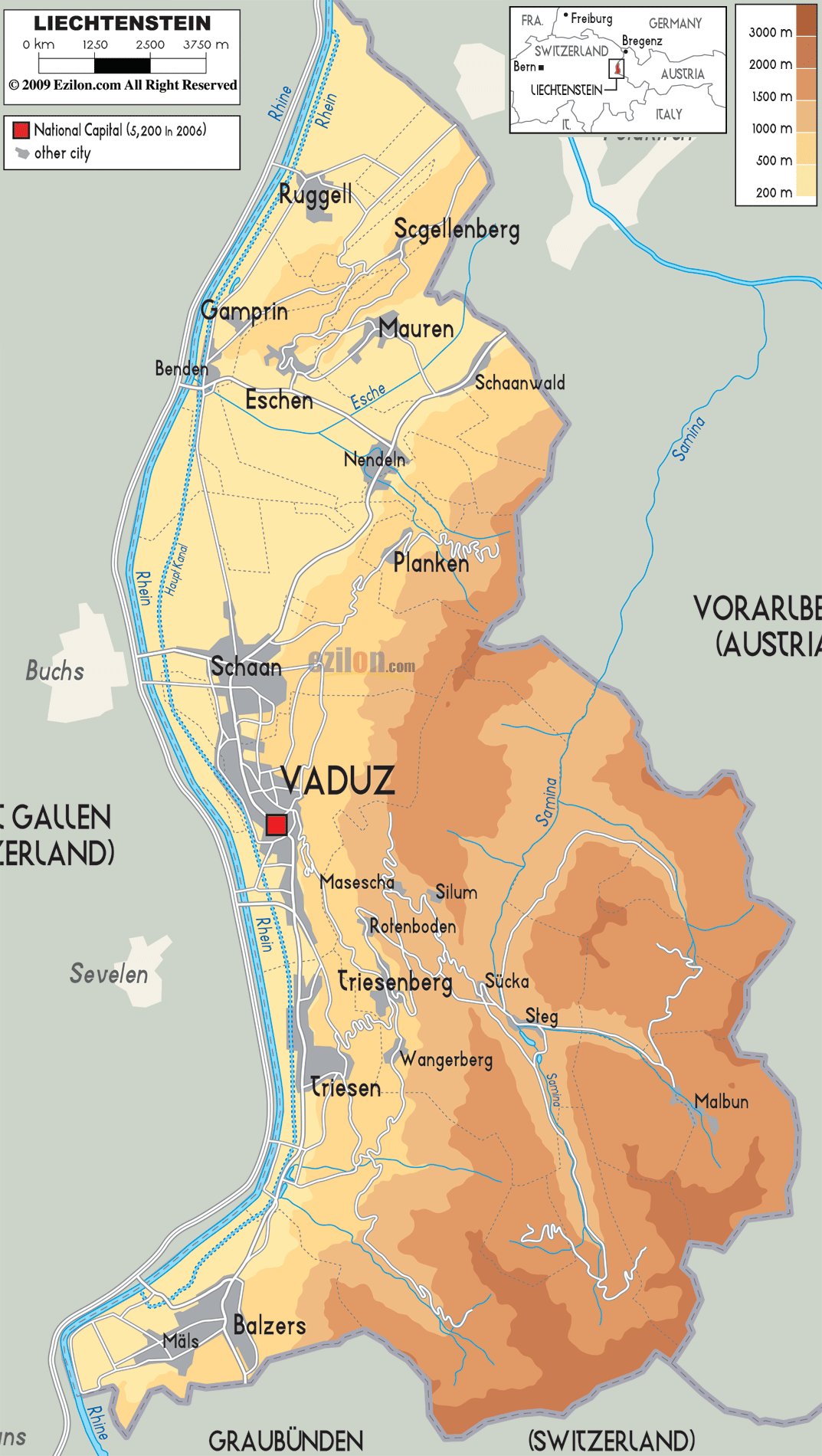 Liechtenstein physical map showing elevation and major towns