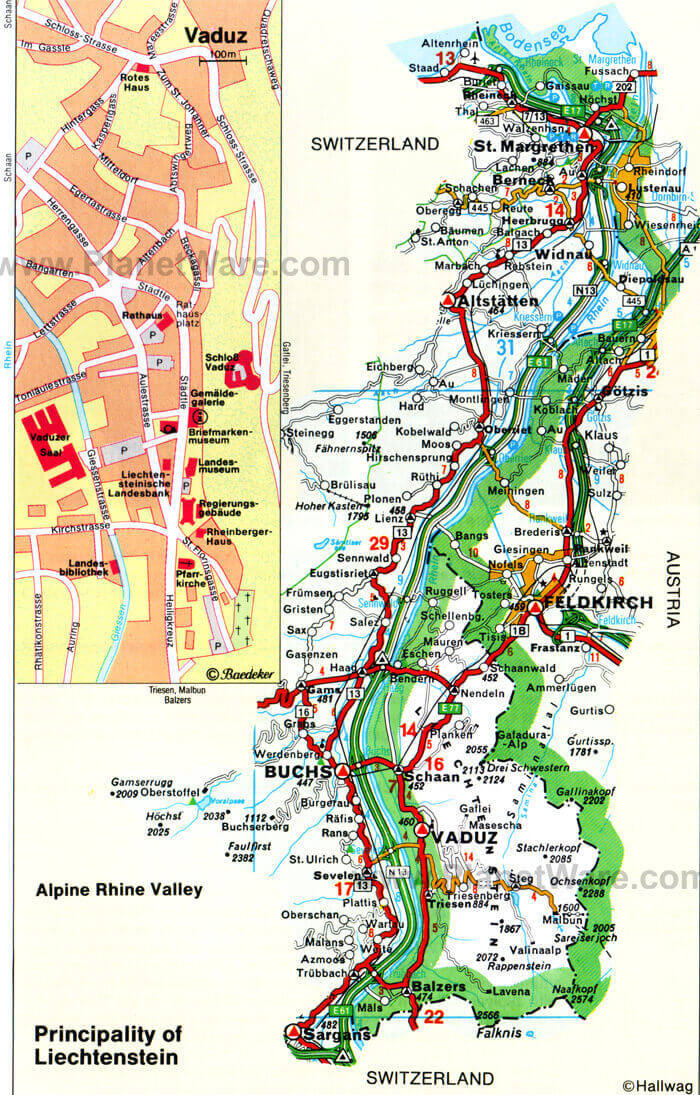 Map of Liechtenstein with main towns, roads, and surrounding areas