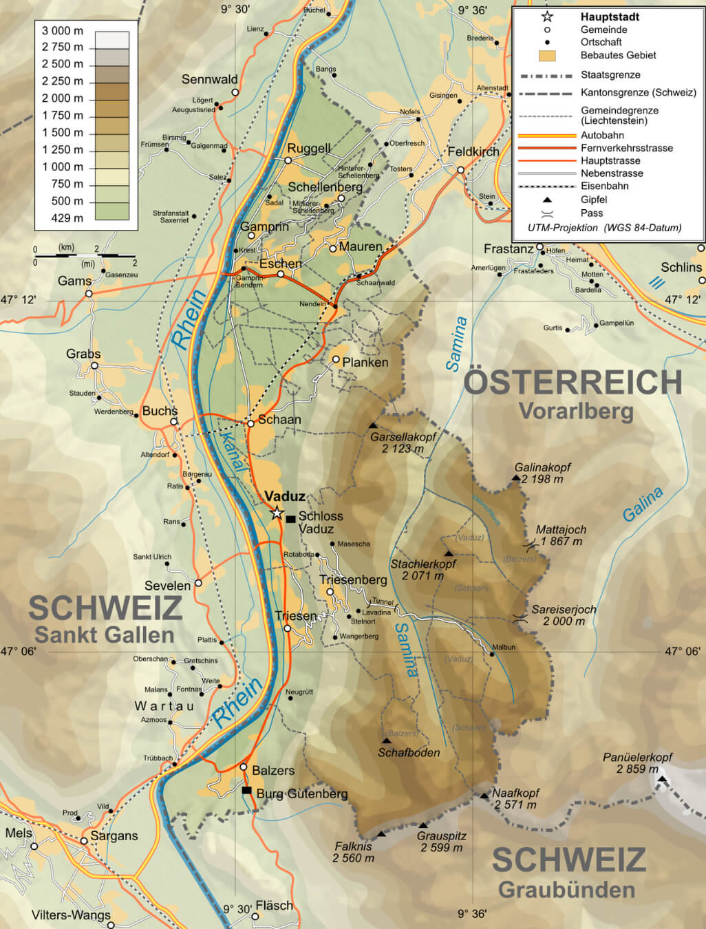 Topgraphic Map of Liechtenstein in German