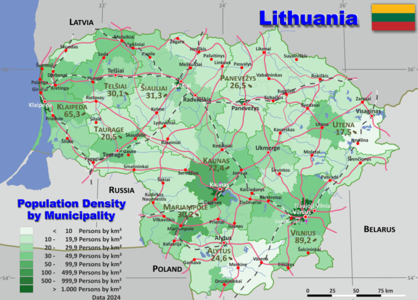 Lithuania Population Density Map by Municipality