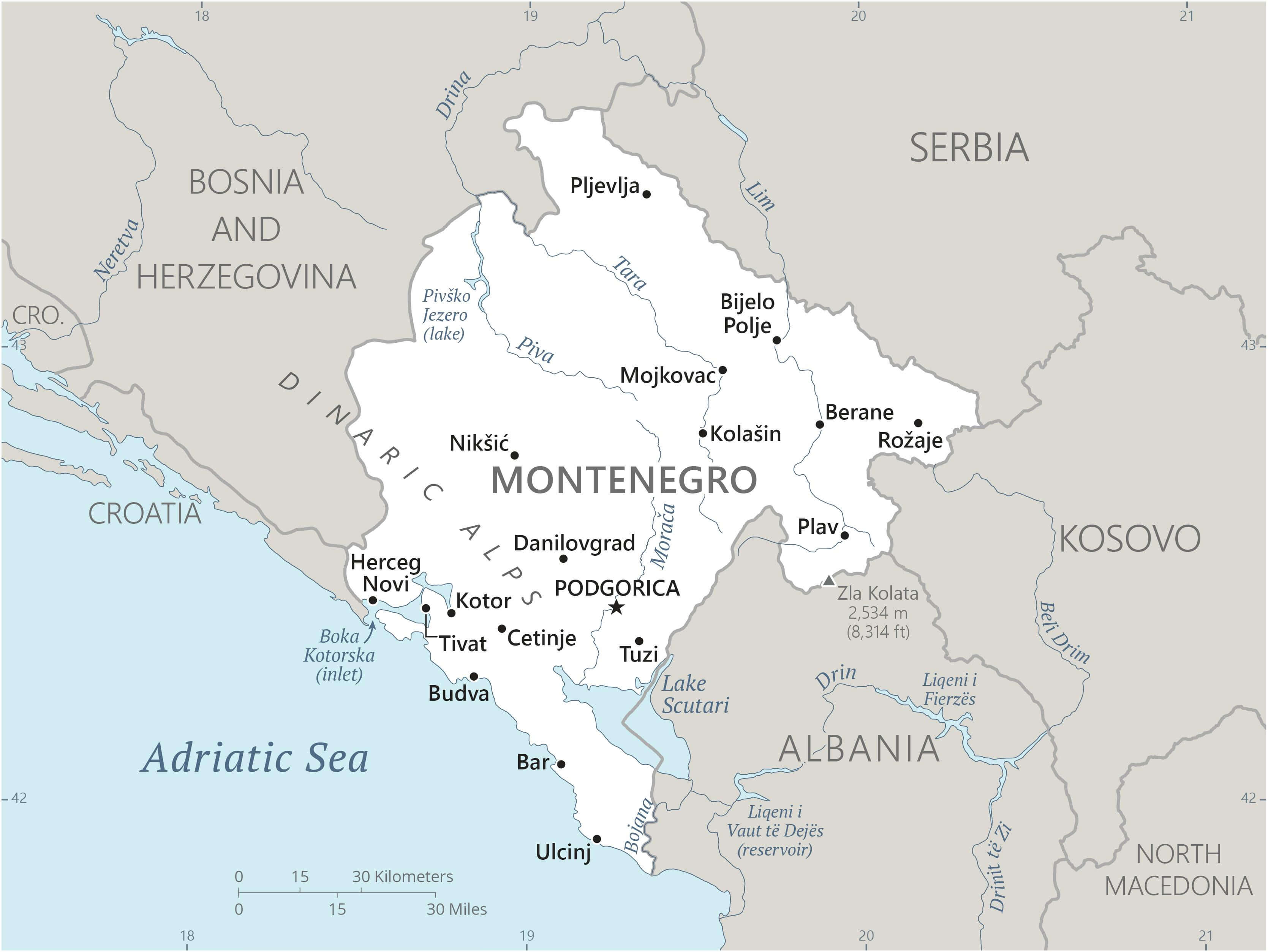 Montenegro Major Cities Map