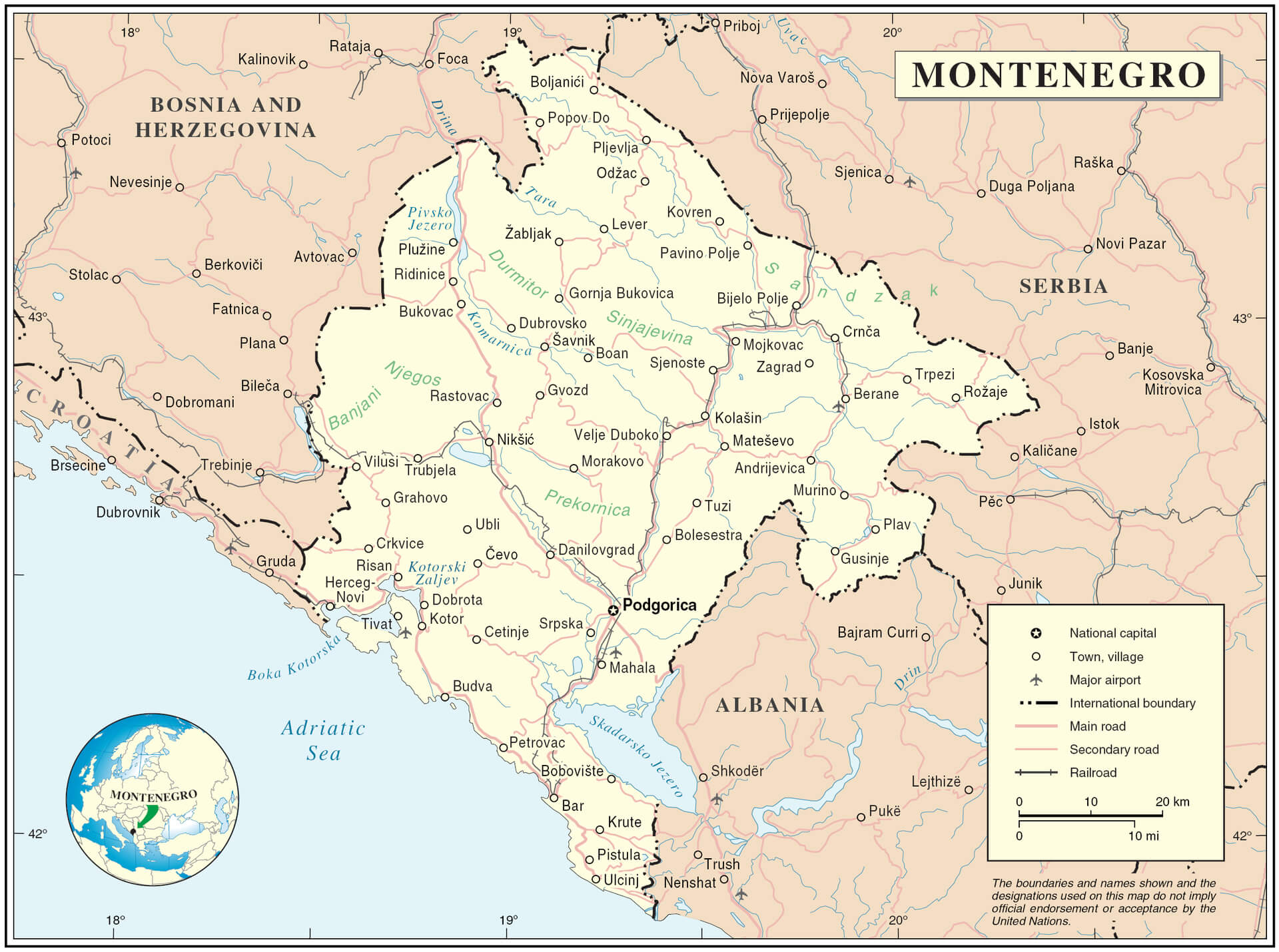 Montenegro National Map with Roads