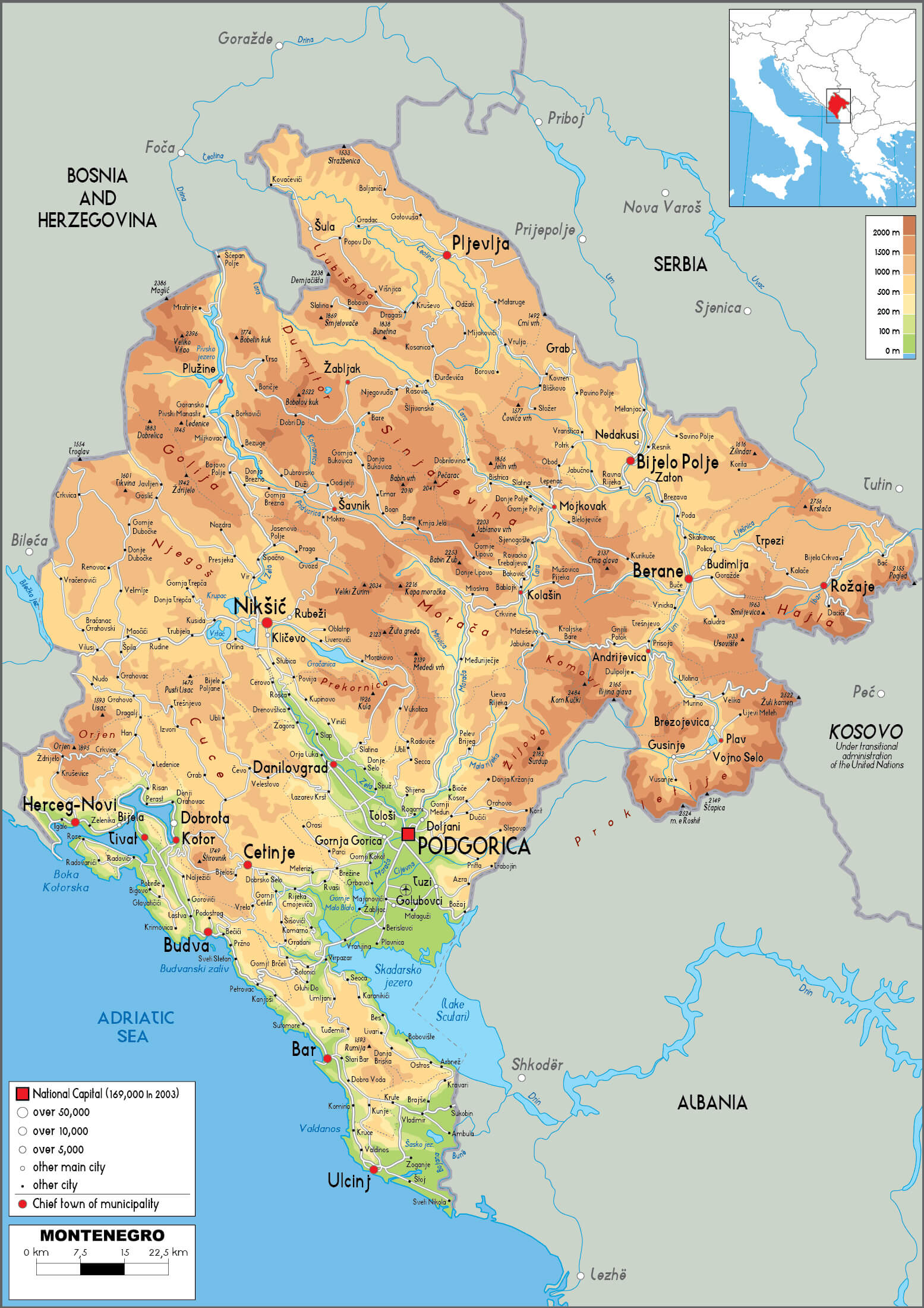 Montenegro Physical Map Largest Cities Podgorica