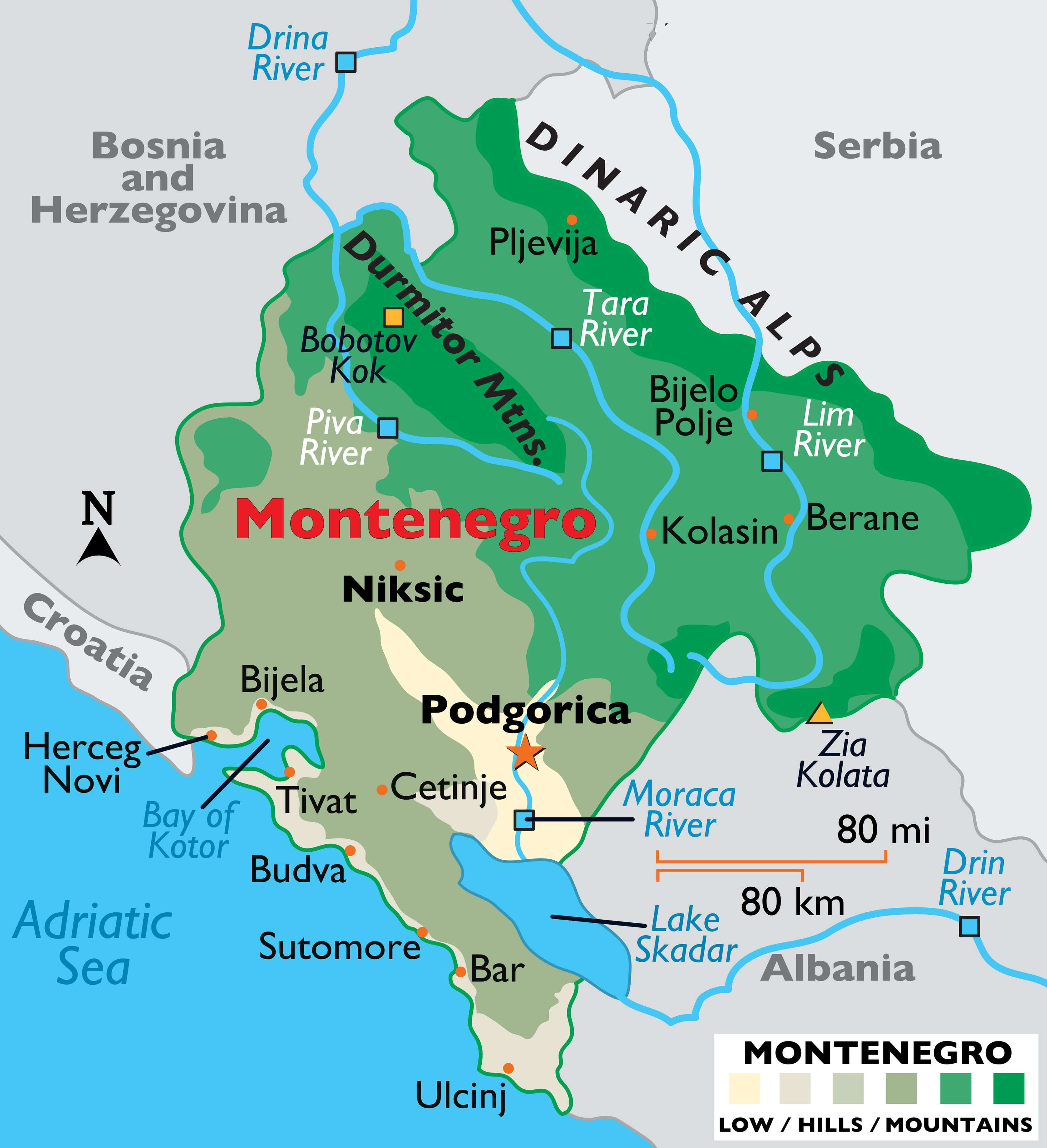 Montenegro Rivers Map with Largest Cities